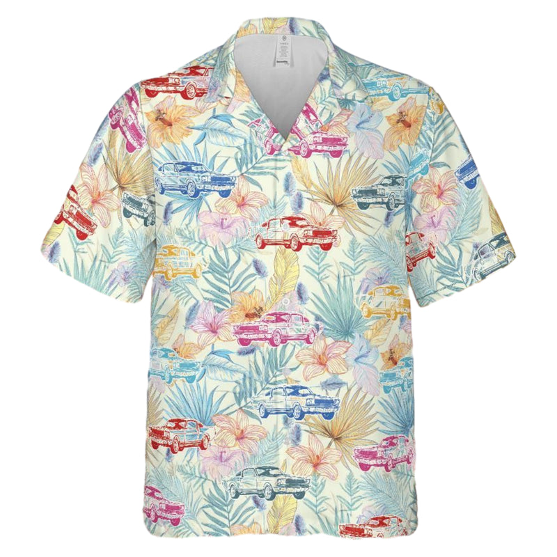 Carroll Shelby GT350 Hawaiian Shirt, Tropical Sunset Colors Floral Background with 1968 Five Most Popular Colors
