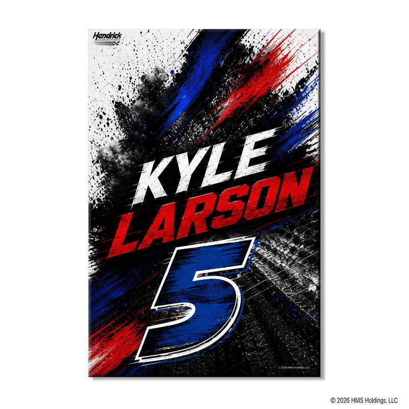 Kyle Larson #5 Speed Splash canvas wall art — black background with bold blue and red paint brush strokes, KYLE in white italic, LARSON in red block letters, large blue #5 with white outline, Hendrick Motorsports logo upper left, © 2026 HMS Holdings LLC
