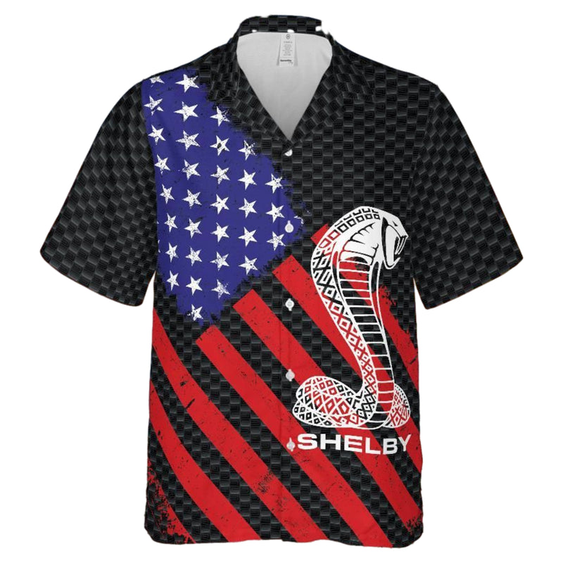 Carroll Shelby American Flag Hawaiian Shirt,  Carbon Background with Shelby Cobra