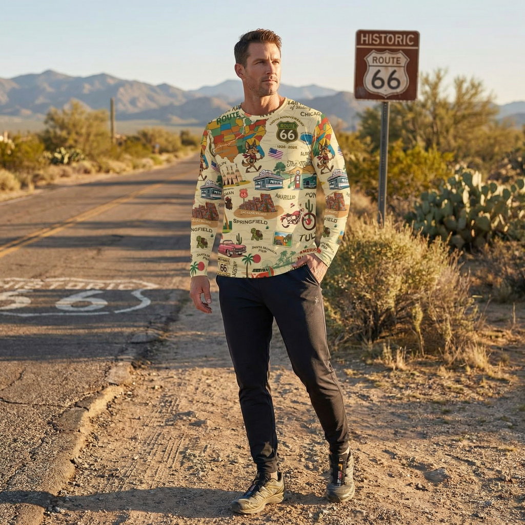Legends of Route 66 100th Anniversary Retro Travel Long Sleeve Tee, Men's Graphic Top, Americana Apparel, Perfect Gift for Road Trip Lovers