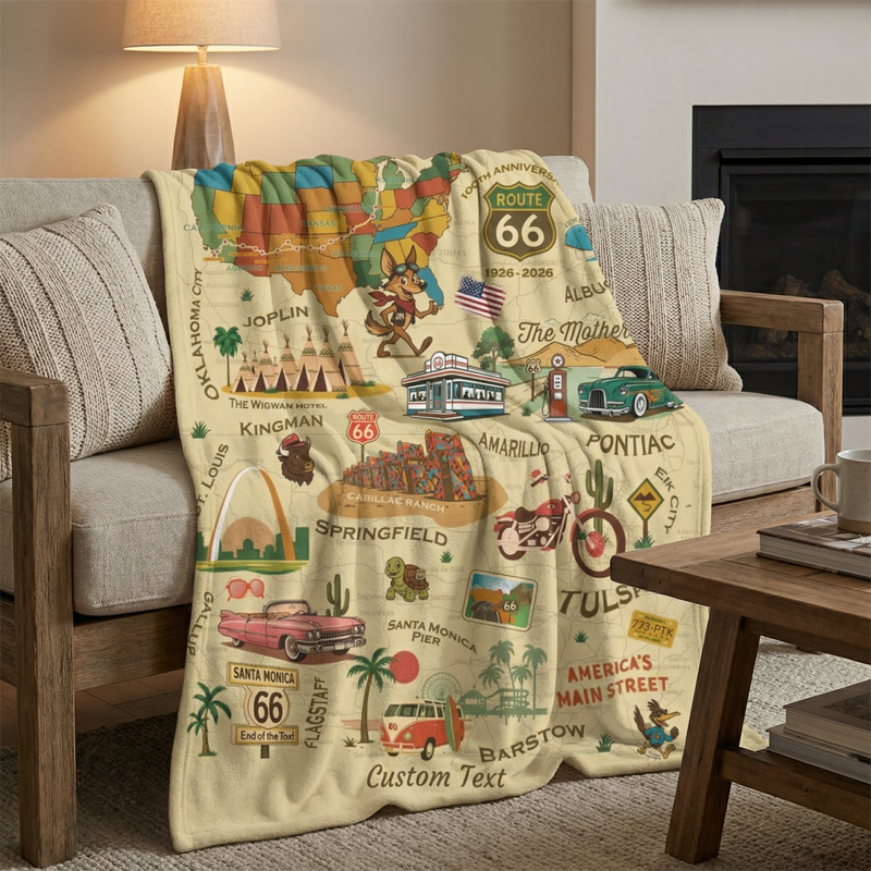 Legends of Route 66 100th Anniversary Personalized Sherpa Blanket – Vintage Travel Collage | 50" x 60" Cozy Throw