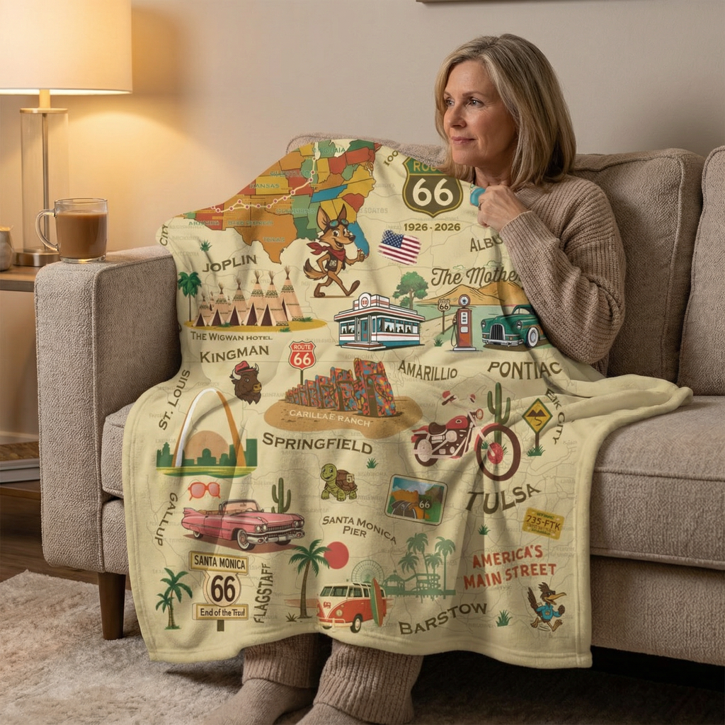 Legends of Route 66 100th Anniversary Personalized Sherpa Blanket – Vintage Travel Collage | 50" x 60" Cozy Throw