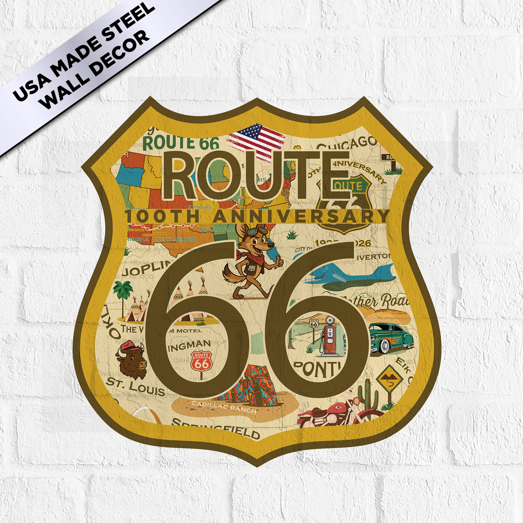 Legends of Route 66 100th Anniversary Die‑Cut Shield Metal Sign | USA‑Made