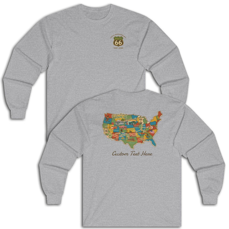 Legends of Route 66 100th Anniversary USA Map Cotton Front and Back Printed Personalized Tee- Long Sleeve