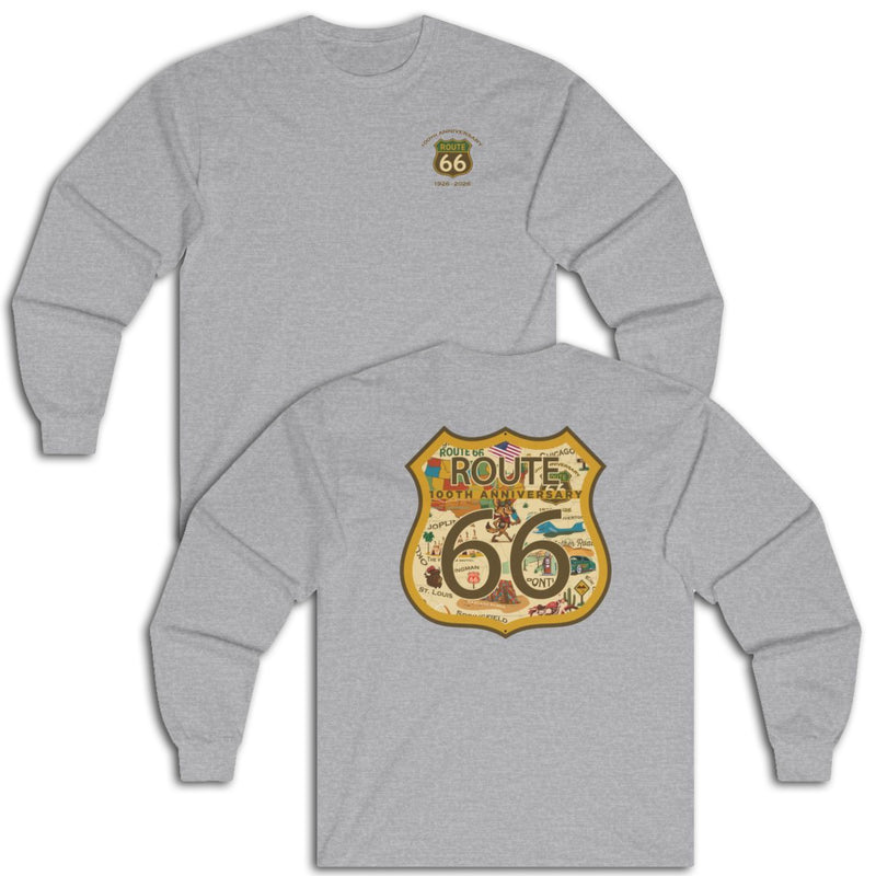 Legends of Route 66 100th Anniversary Iconic Highway Shield Design Cotton Front and Back Printed Tee - Long Sleeve