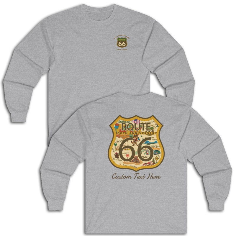 Legends of Route 66 100th Anniversary Iconic Highway Shield Design Cotton Front and Back Printed Personalized Tee- Long Sleeve