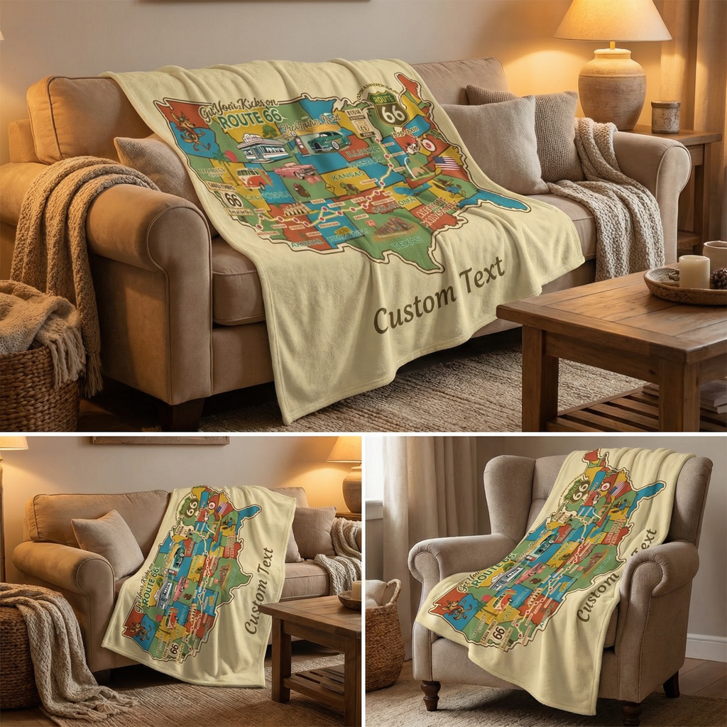 Legends of Route 66 100th Anniversary Personalized Sherpa Blanket – Vintage Map Design | 50" x 60" Cozy Throw