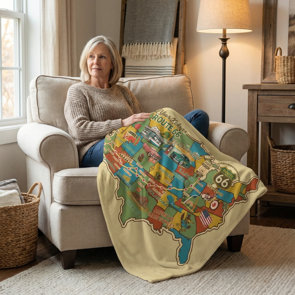 Legends of Route 66 100th Anniversary Personalized Sherpa Blanket – Vintage Map Design | 50" x 60" Cozy Throw