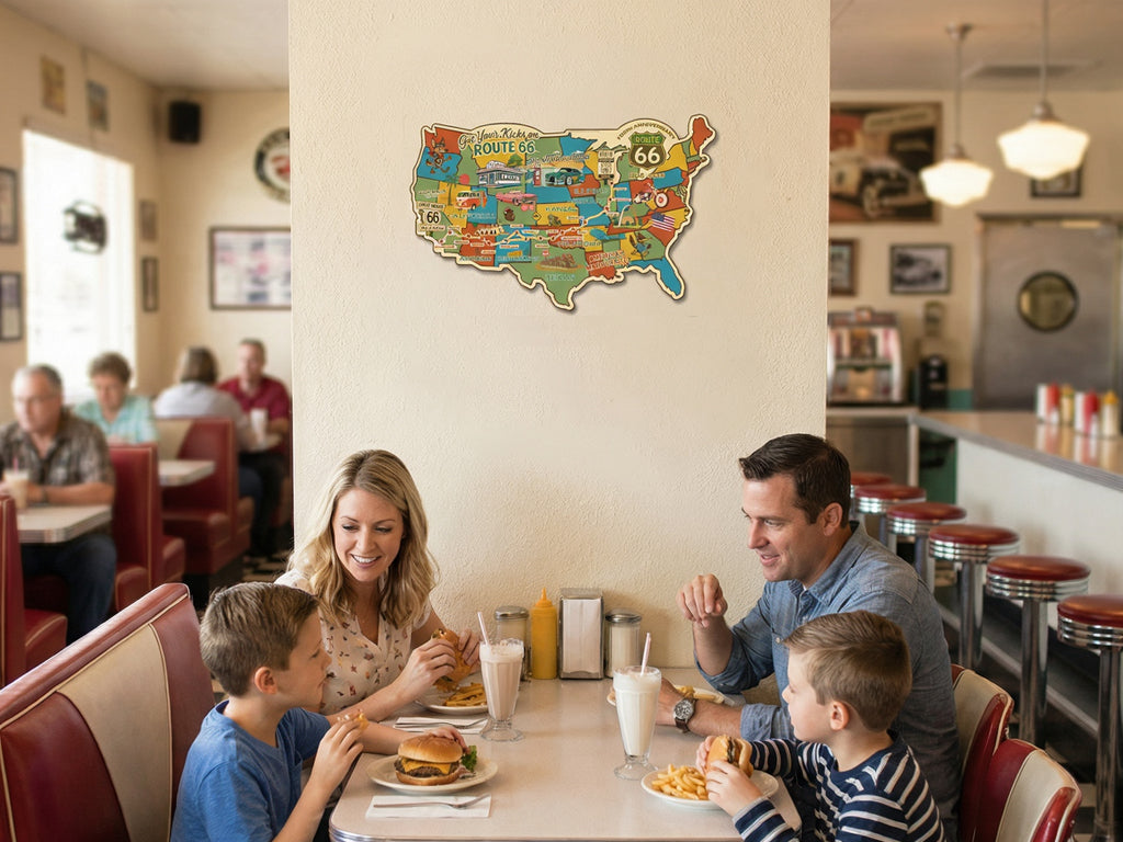 Legends of Route 66 USA Destination Map, 22 Gauge Metal Die Cut Wall Decor with Mascots-Sunbeltgifts® 100th Anniversary Edition-Made in the USA, Available in 2 sizes