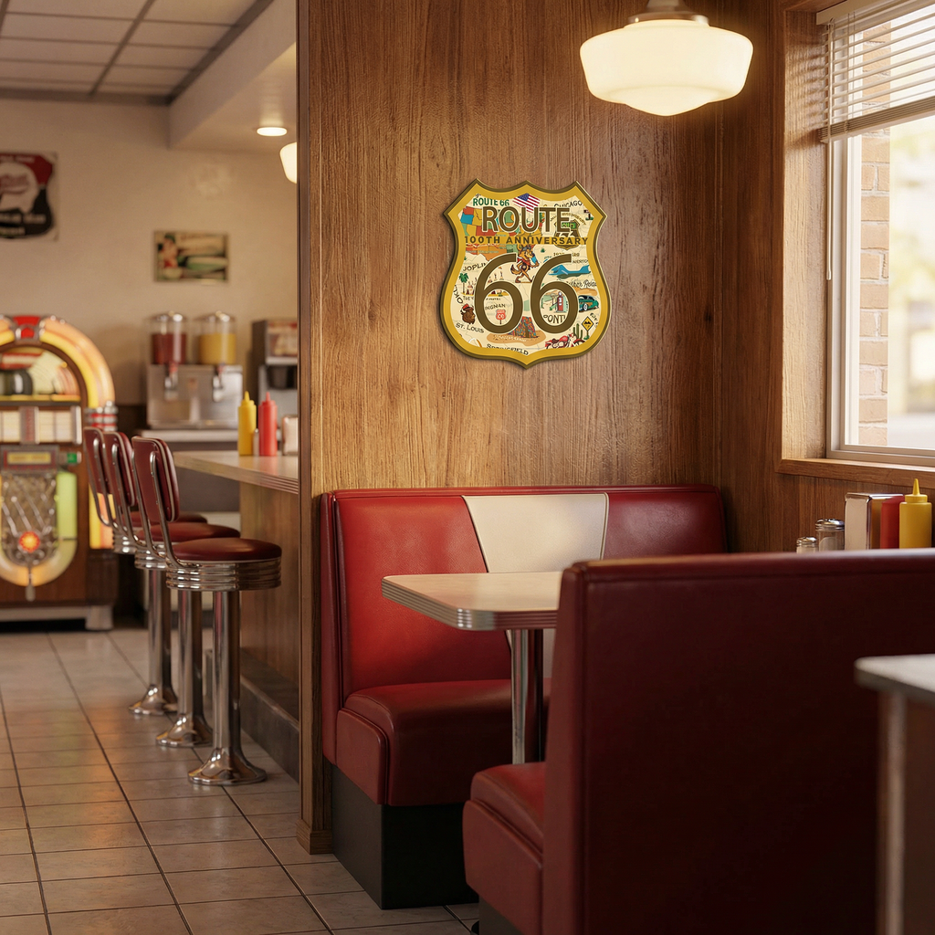 Legends of Route 66 100th Anniversary Die‑Cut Shield Metal Sign | USA‑Made