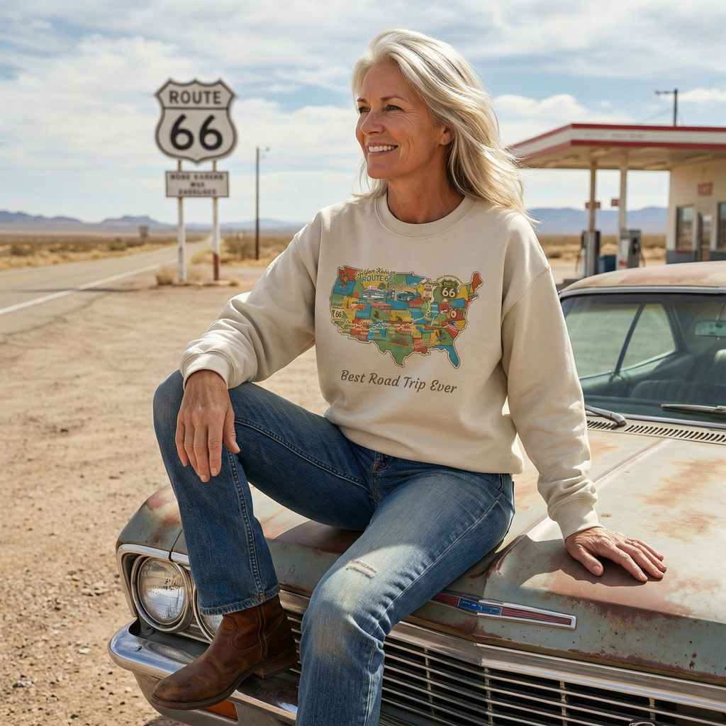 Legends of Route 66 100th Anniversary USA Map Personalized Fleece Crewneck Sweatshirt