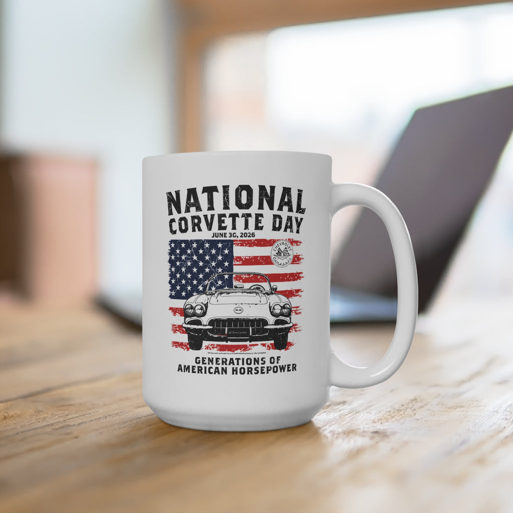 Limited Release 2026 National Corvette Day Mug – 15oz Coffee Mug (Red, White, Black) – Collector Car Enthusiast Gift, Automotive Collector's Drinkware, Car Lover's Present