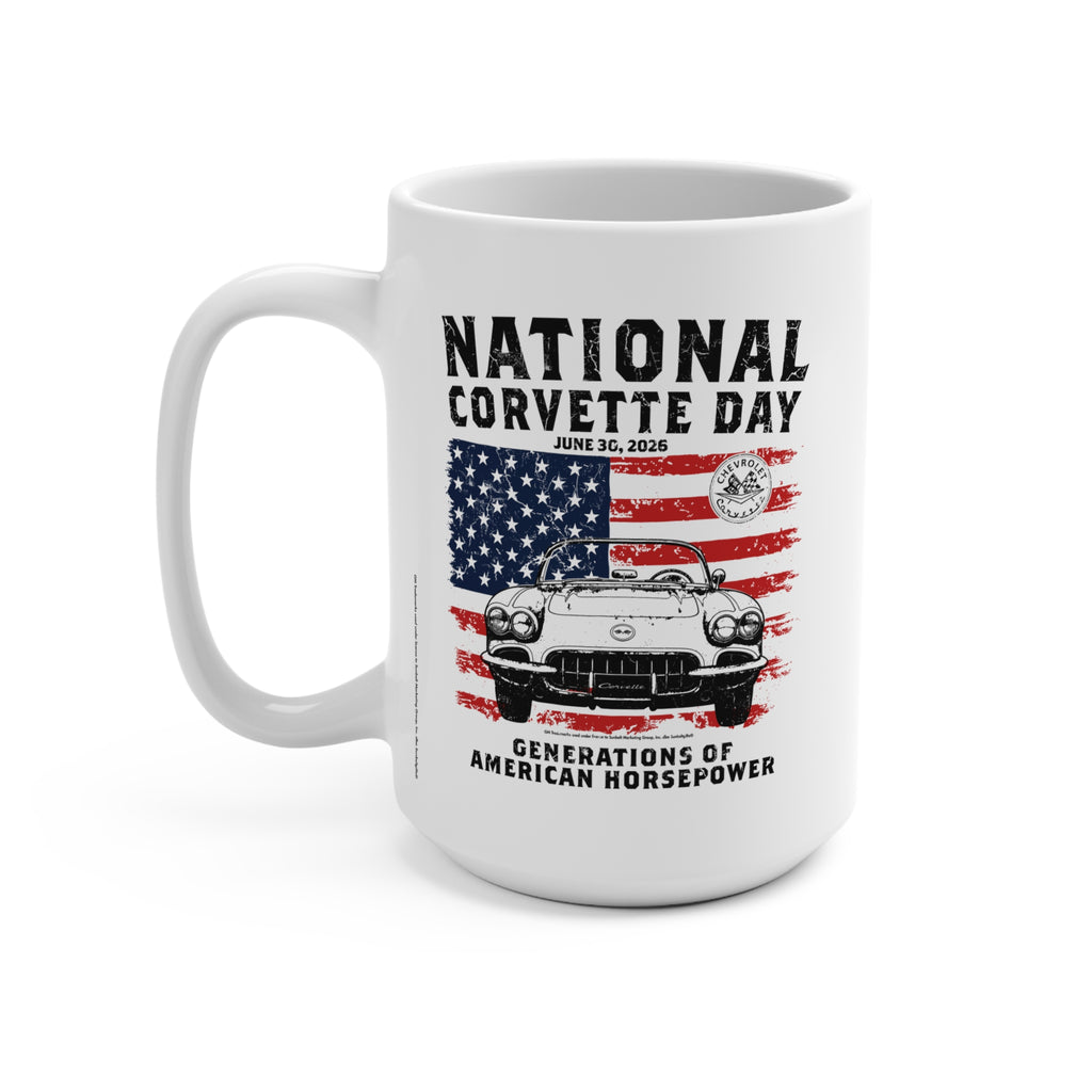 Limited Release 2026 National Corvette Day Mug – 15oz Coffee Mug (Red, White, Black) – Collector Car Enthusiast Gift, Automotive Collector's Drinkware, Car Lover's Present