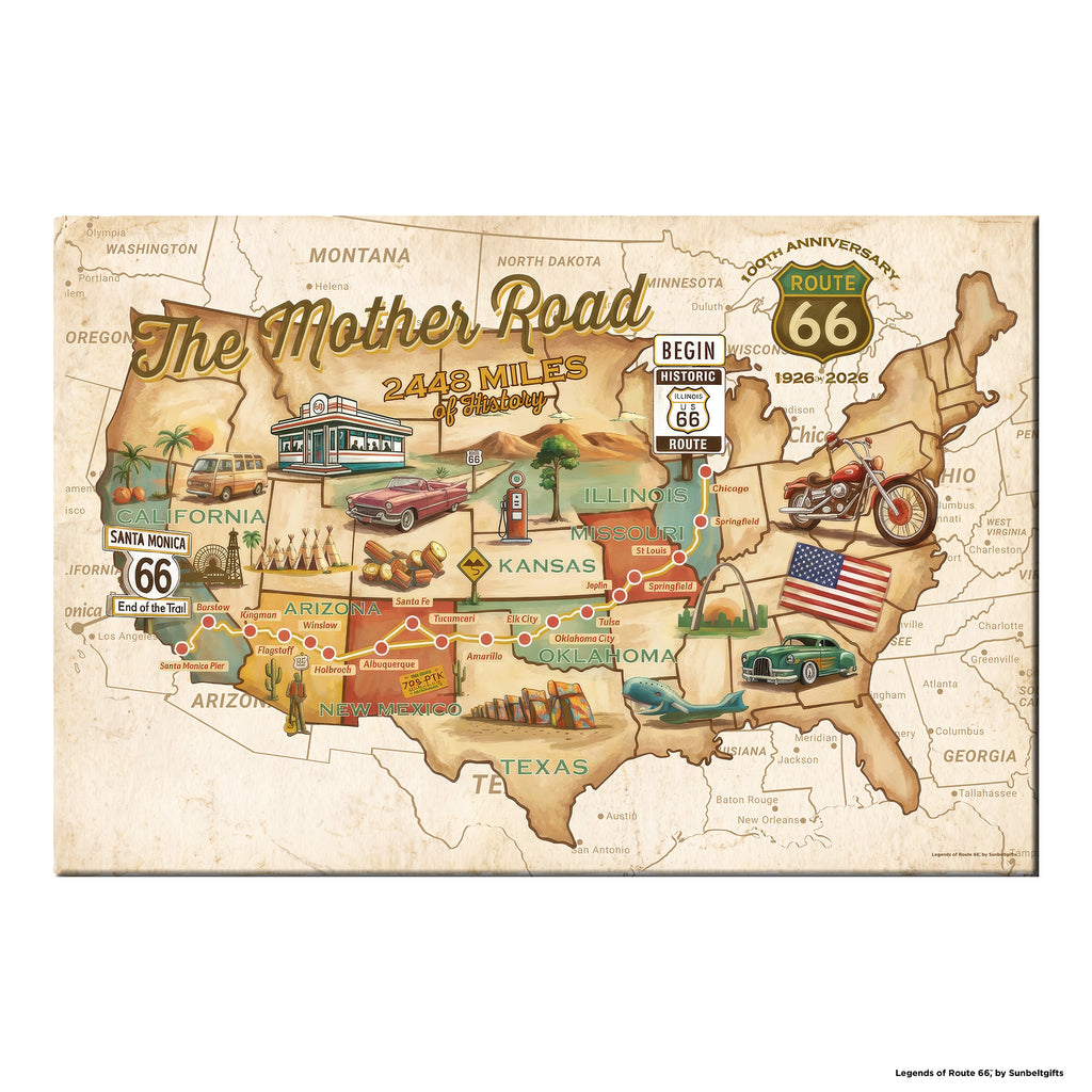 Legends of Route 66 Vintage Sepia USA Map The Mother Road Americana Canvas Wall Art