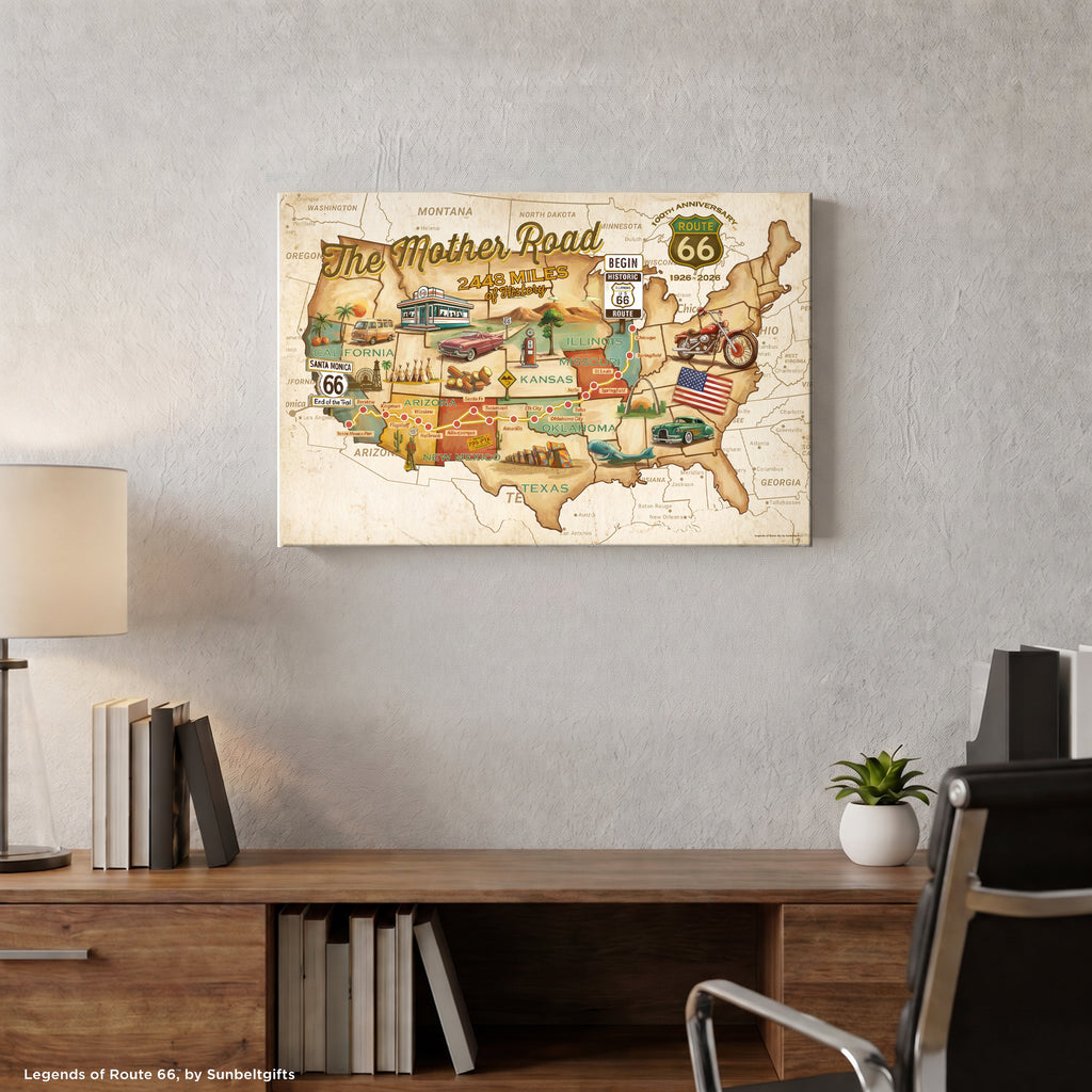 Legends of Route 66 Vintage Sepia USA Map The Mother Road Americana Canvas Wall Art