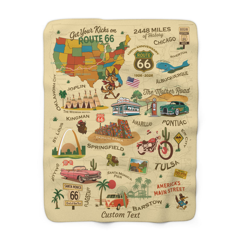 Legends of Route 66 100th Anniversary Personalized Sherpa Blanket – Vintage Travel Collage | 50" x 60" Cozy Throw