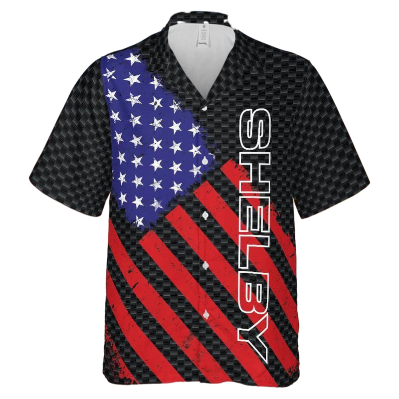 Carroll Shelby American Flag Hawaiian Shirt,  Carbon Background with Shelby in Bold Print