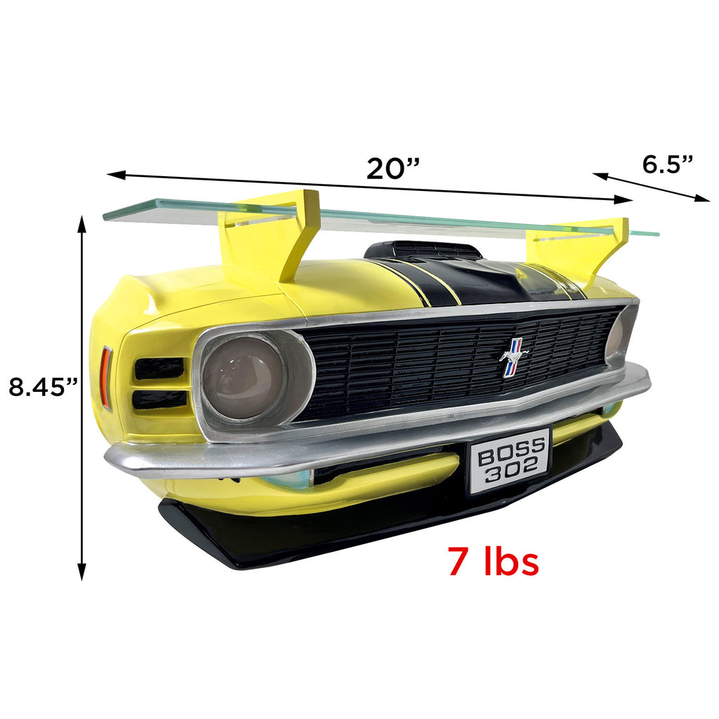 1970 Ford Boss 302 Mustang Front End Polyresin Floating Wall Shelf, Yellow and Black, Working LED Lights powered by 3AA Batteries ( not included)