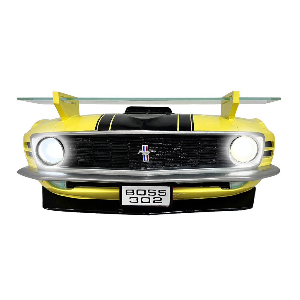 1970 Ford Boss 302 Mustang Front End Polyresin Floating Wall Shelf, Yellow and Black, Working LED Lights powered by 3AA Batteries ( not included)