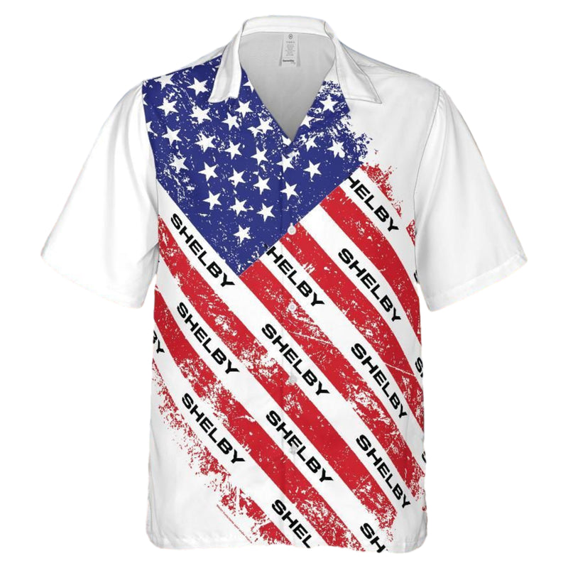 Carroll Shelby American Flag Hawaiian Shirt, Red White and Blue, Shelby Wordmark Alternate Stripes