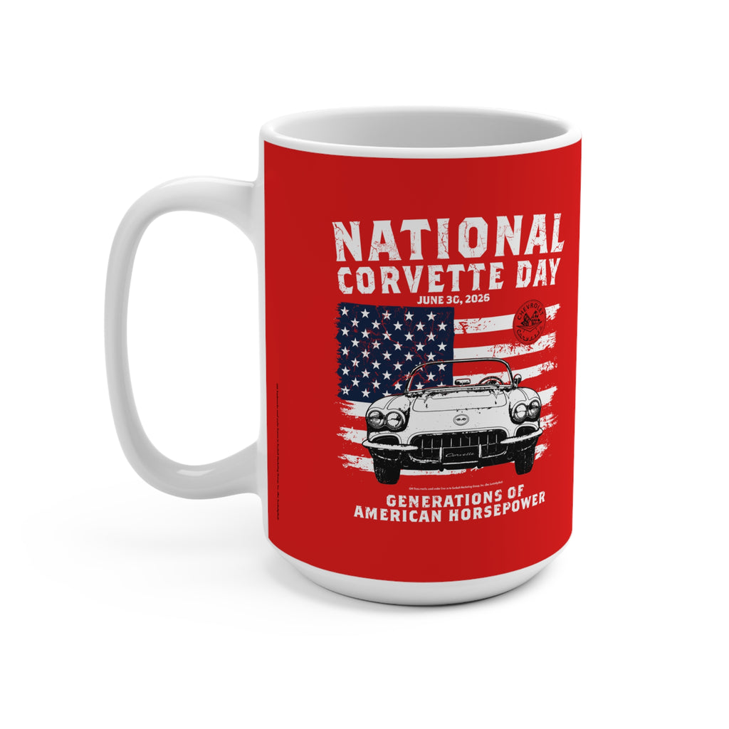 Limited Release 2026 National Corvette Day Mug – 15oz Coffee Mug (Red, White, Black) – Collector Car Enthusiast Gift, Automotive Collector's Drinkware, Car Lover's Present