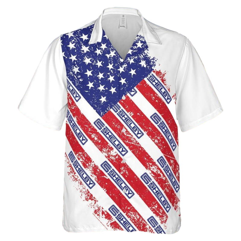 Carroll Shelby American Flag Hawaiian Shirt, Red White and Blue, Shelby Wordmark Bold Blue Alternate Stripes