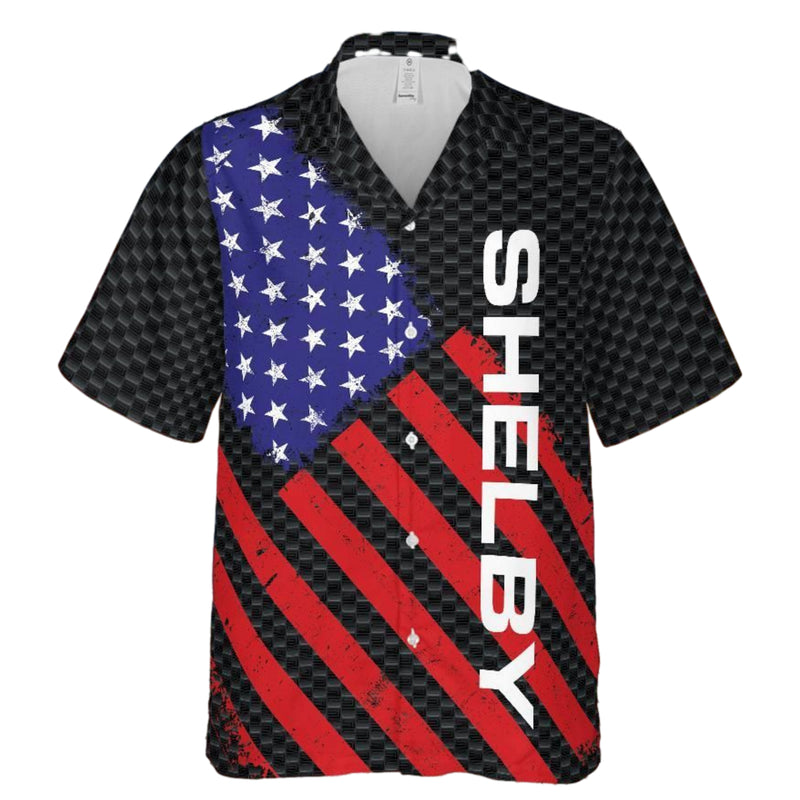 Carroll Shelby American Flag Hawaiian Shirt,  Carbon Background with Shelby in Solid Bold Print