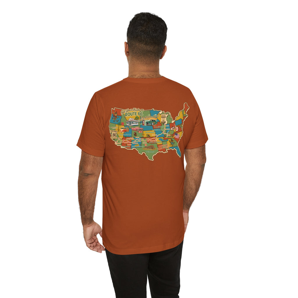 Legends of Route 66 100th Anniversary Landmark Map Design Cotton Front and Back Printed Short Sleeve Tee