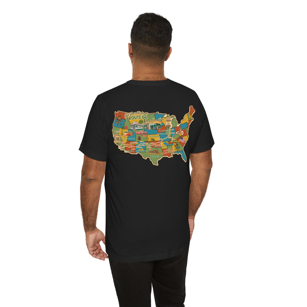 Legends of Route 66 100th Anniversary Landmark Map Design Cotton Front and Back Printed Short Sleeve Tee