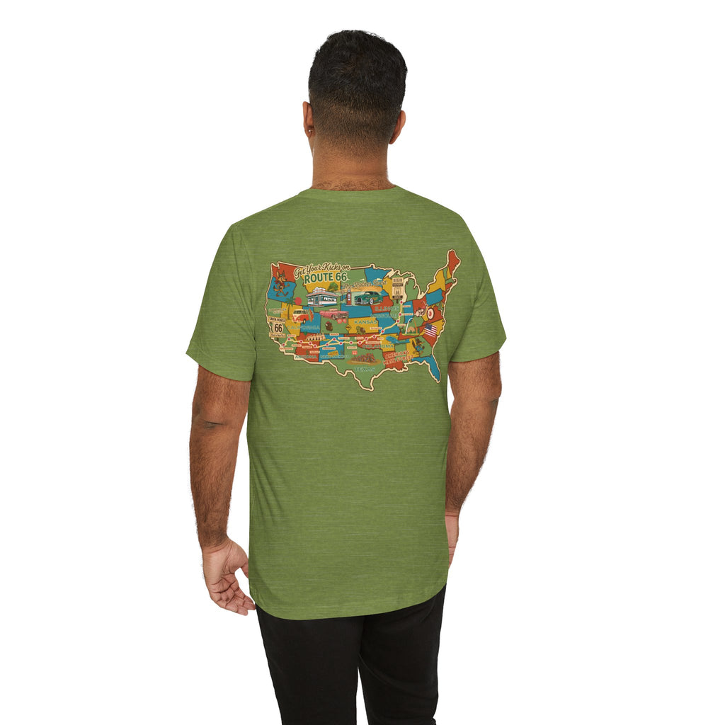 Legends of Route 66 100th Anniversary Landmark Map Design Cotton Front and Back Printed Short Sleeve Tee