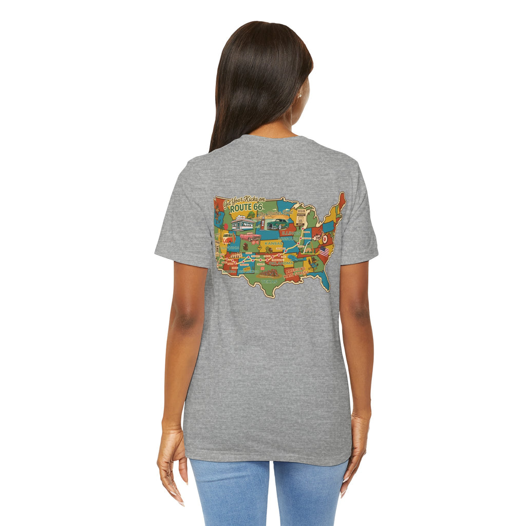 Legends of Route 66 100th Anniversary Landmark Map Design Cotton Front and Back Printed Short Sleeve Tee