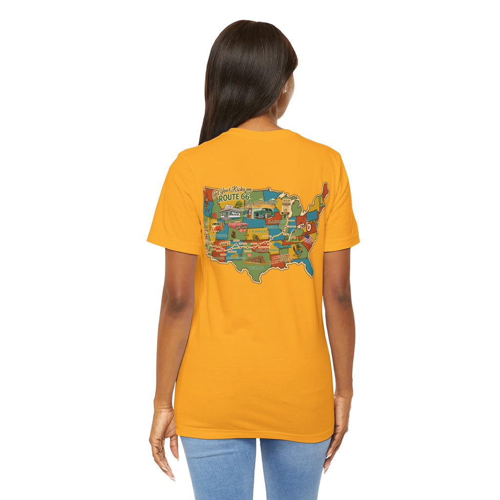Legends of Route 66 100th Anniversary Landmark Map Design Cotton Front and Back Printed Short Sleeve Tee
