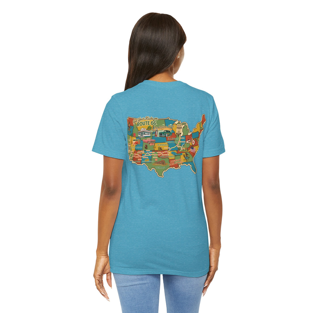 Legends of Route 66 100th Anniversary Landmark Map Design Cotton Front and Back Printed Short Sleeve Tee