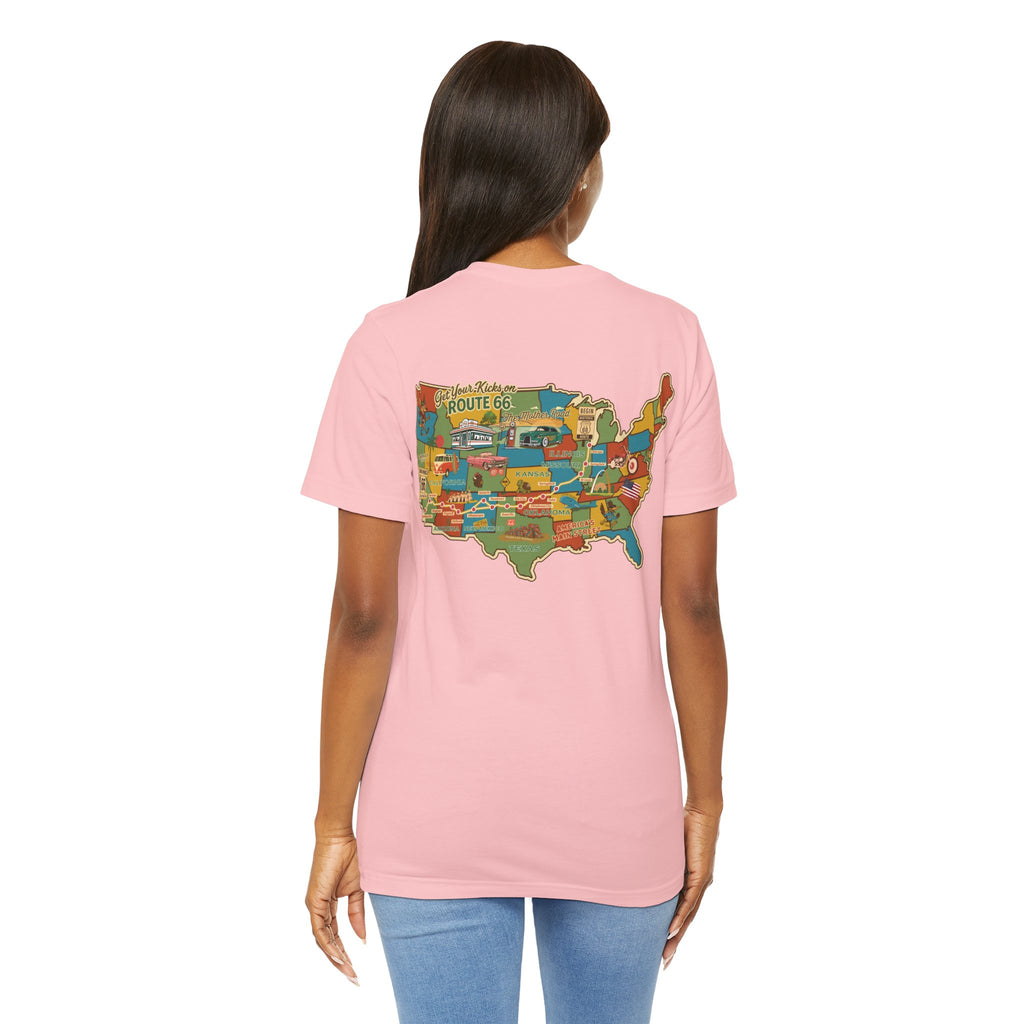 Legends of Route 66 100th Anniversary Landmark Map Design Cotton Front and Back Printed Short Sleeve Tee