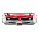 1966 Pontiac GTO Floating Shelf, Red, Working LED Headlights, Battery Operated, Measures 19.5 x 6.5 x 8 inches, weight 7.5 lbs., Tempered Glass Shelf, Recessed Brackets.