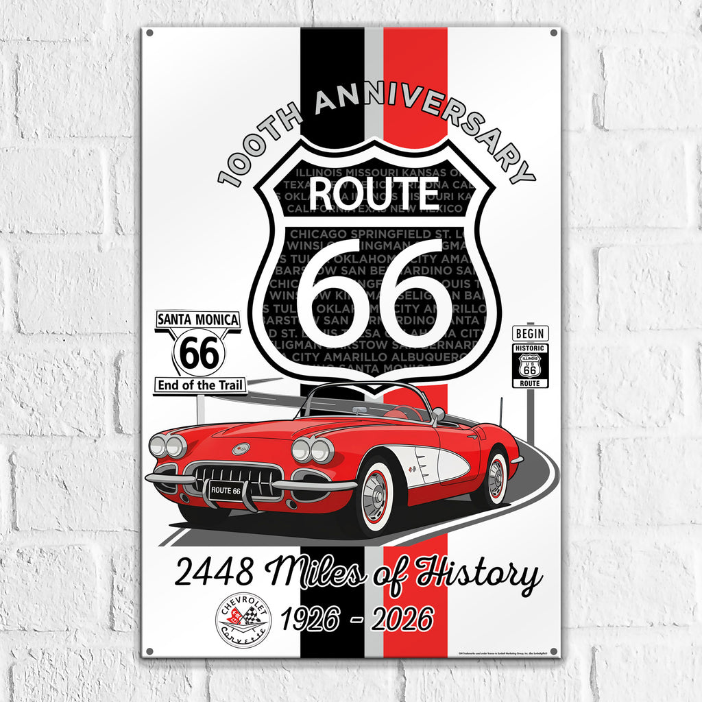 C1 Corvette Route 66 100th Anniversary 12x18 Metal Sign – Red & White Corvette Edition