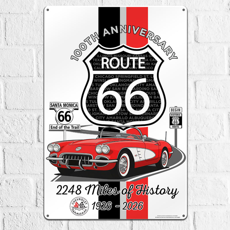 C1 Corvette Route 66 100th Anniversary 12x18 Metal Sign – Red & White Corvette Edition