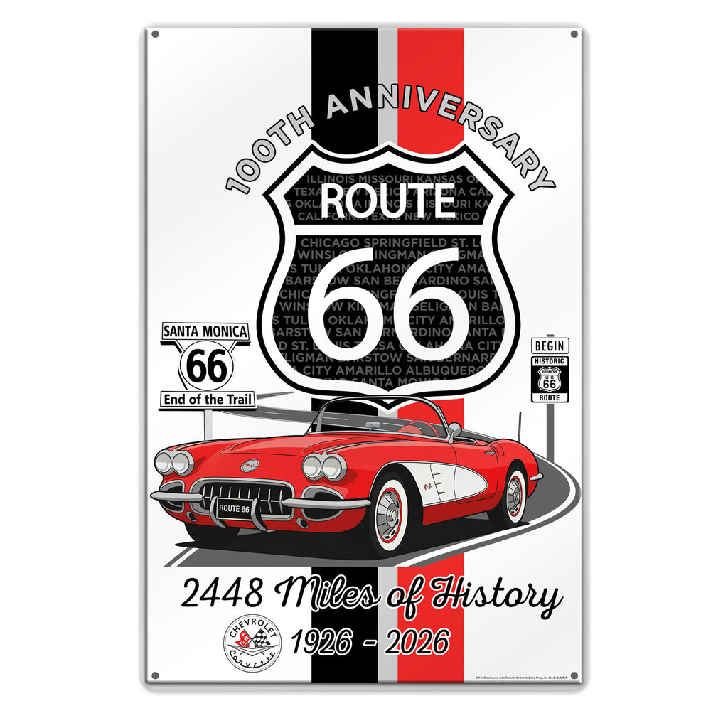 C1 Corvette Route 66 100th Anniversary 12x18 Metal Sign – Red & White Corvette Edition