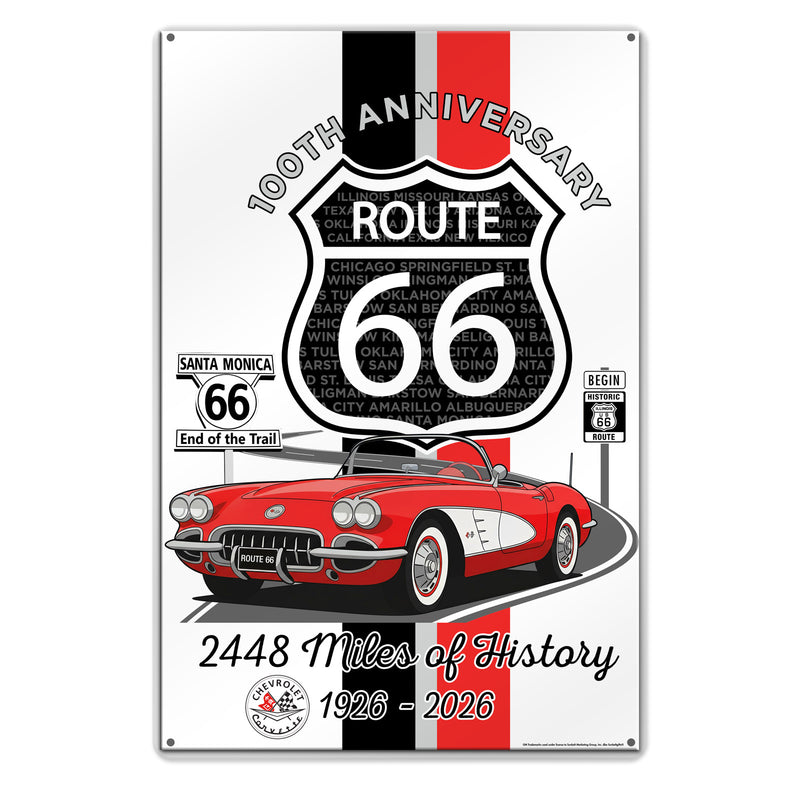C1 Corvette Route 66 100th Anniversary 12x18 Metal Sign – Red & White Corvette Edition