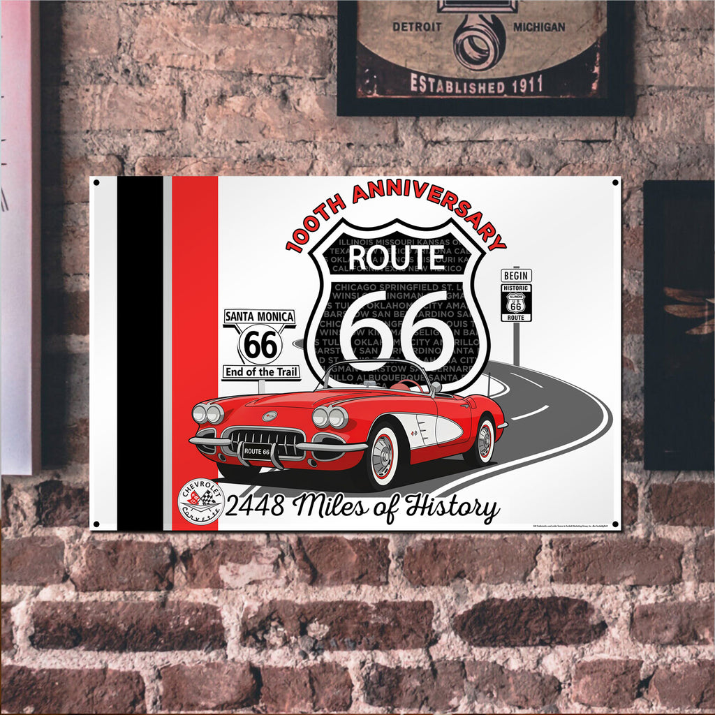 C1 Corvette Route 66 100th Anniversary 18x12 Metal Sign – Red & White Corvette Edition
