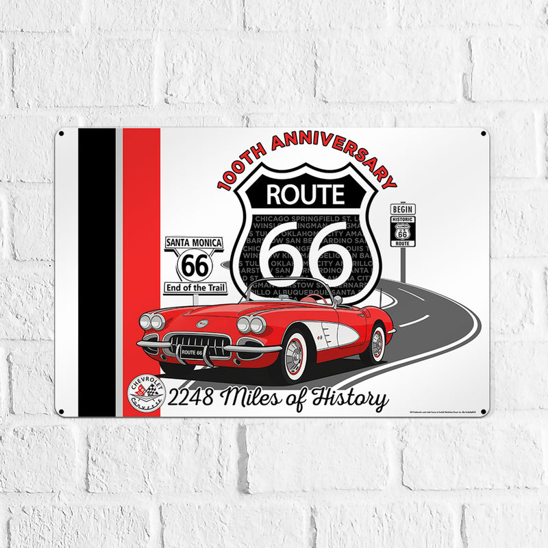 C1 Corvette Route 66 100th Anniversary 18x12 Metal Sign – Red & White Corvette Edition