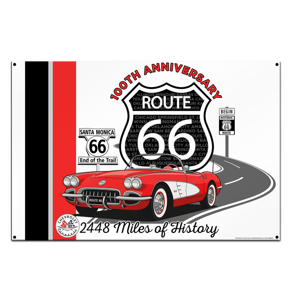 C1 Corvette Route 66 100th Anniversary 18x12 Metal Sign – Red & White Corvette Edition