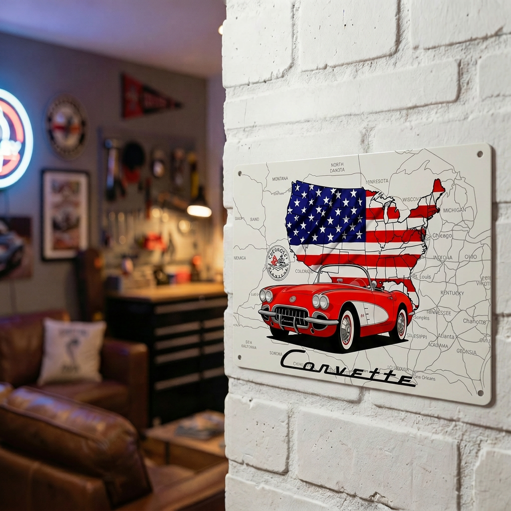 C1 Corvette USA Map & Flag 18 x 12 Inch USA Made Metal Sign