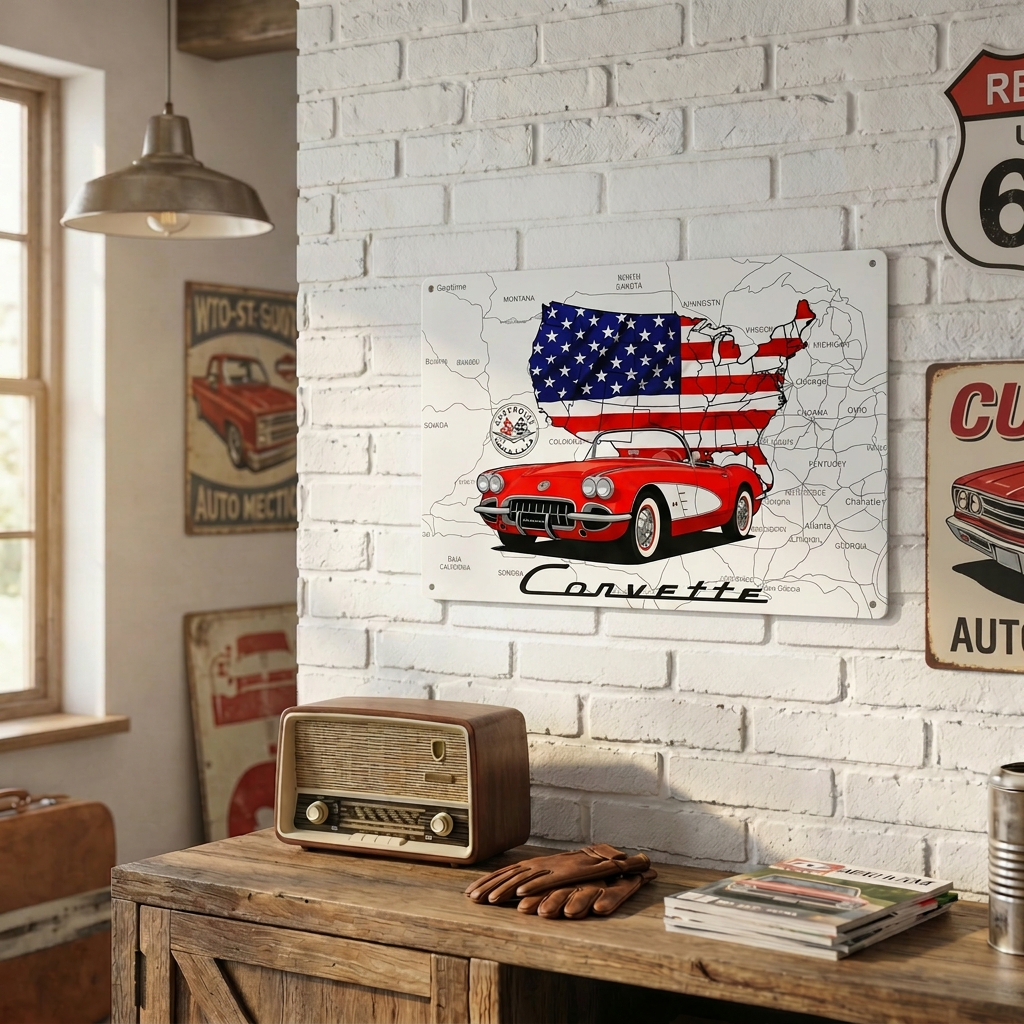 C1 Corvette USA Map & Flag 18 x 12 Inch USA Made Metal Sign