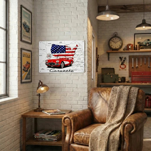 C1 Corvette USA Map & Flag 18 x 12 Inch USA Made Metal Sign