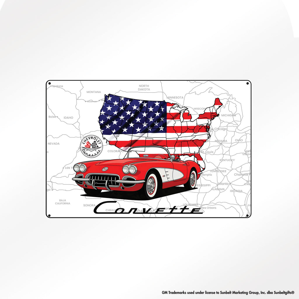 C1 Corvette USA Map & Flag 18 x 12 Inch USA Made Metal Sign