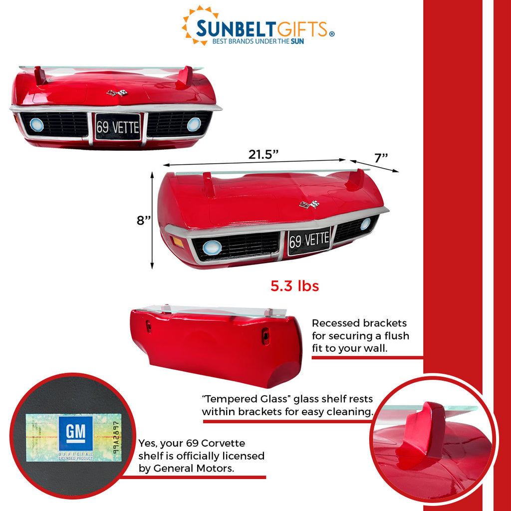 1969 Corvette Stingray (C3) Polyresin Front Floating Shelf, Red, Without Lights 21.5 x 7 x 8 inches, 7.5 pounds. Tempered Glass Shelf, Recessed Brackets