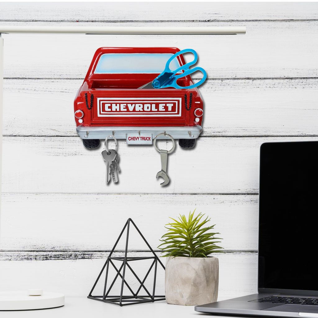 Chevy Step Side Truck Rear Wall Mounted 5 Hook Key Rack and Letter Holder, 7.5 x 4 x 3 inches, Recessed Brackets for Easy Installaton