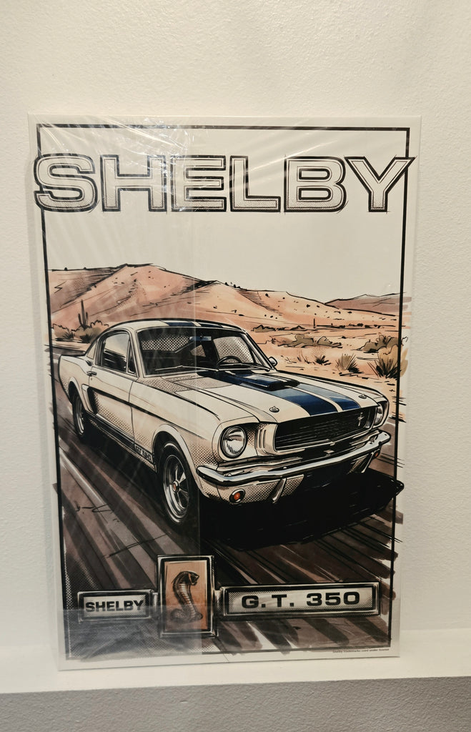Carroll Shelby GT 350 White with Blue Stripes Canvas Wall Decor, 1.5 inch frame