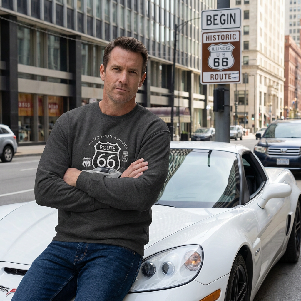 Personalized C6 Corvette Route 66 100th Anniversary Sweatshirt – Custom Text & Car Color Graphic Sweatshirt